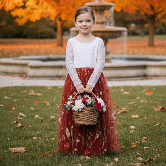 Flower Girl Dress Rust Floral Flower Girl Dresses Baby Girl Dress Toddler Fall Dress Girls Dresses Long Sleeve
