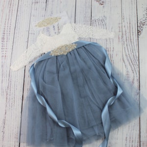 junior bridesmaid dress in dusty blue tulle full length