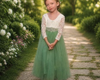 Sage Green Flower Girl Dress Rustic Flower Girl Toddler Special Occasion Dress Flower Girl Dress Lace Long Sleeve Junior Bridesmaid Dress