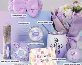 Get Well Soon Care Package for Women, Luxurious Lavender Gift Basket for Sending Love Sickness Surgery Recovery Feel Better Spa Set