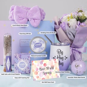 Get Well Soon Care Package for Women, Luxurious Lavender Gift Basket for Sending Love Sickness Surgery Recovery Feel Better Spa Set