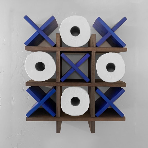 Tic Tac Toe Toilet Paper Holder | Bathroom decor and storage | Wooden wall mounted shelves fun modern organizer | 5 X's Blue or Red