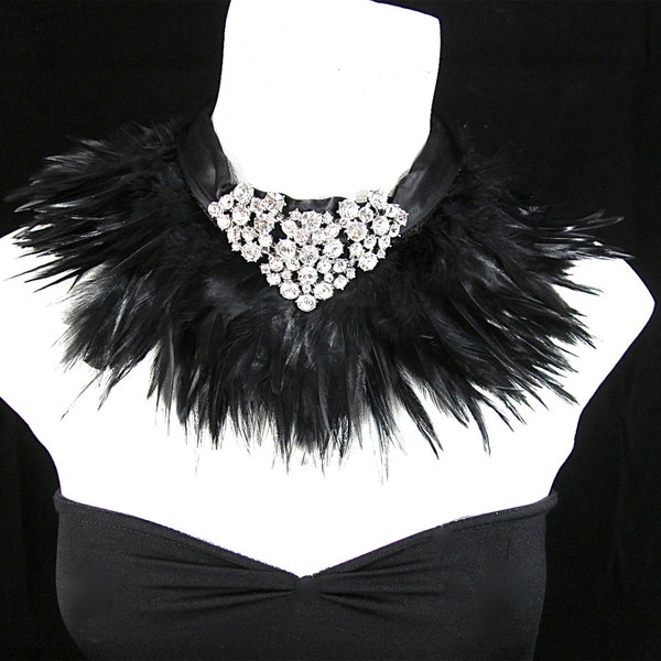 Black Feather Bridal Statement Necklace, Black Feather Necklace, Black Feather Evening Necklace  ~ EC 23