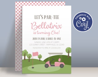 Golf Birthday Invitation Template - Preppy Pink Golf Cart, Simple Golfer Par Tee Time Personalized Party Invite - Editable Party Package