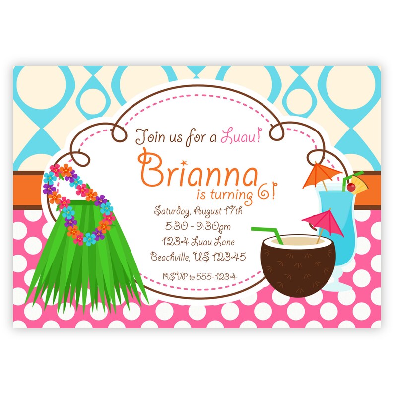 luau invitation pink polka dots coconut hawaiian drink etsy
