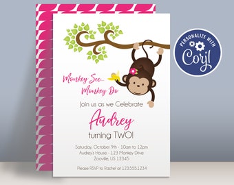 Monkey Birthday Party Invitation Template - Cute Little Pink Monkey, Zoo Jungle Animal Personalized Party Invite - Editable Party Package