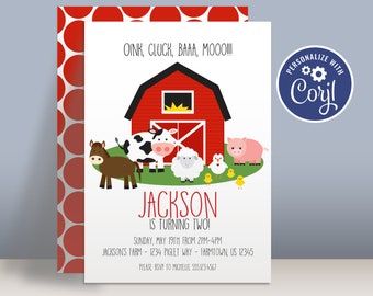 Farm Birthday Party Invitation Template - Red Barn Fun Barnyard Farm Animals, Cow Sheep Pig Horse Party Invite - Editable Party Package