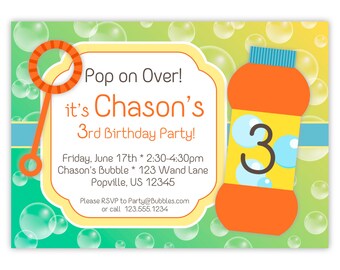 Bubble Invitation - Teal Green and Yellow Bubbles, Fun Orange Blowing Bubbles Personalized Birthday Party Invite - a Digital Printable File