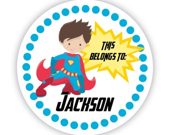 Kids Personalized Stickers - Blue Polka Dot, Red Blue Super Hero, Boy Superhero Name Label Stickers, Name Tags - Back to School Name Labels