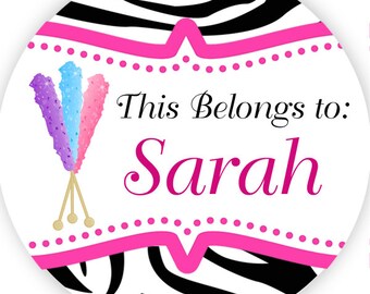 Name Label Stickers - Hot Pink Zebra Print Rock Candy Personalized Name Tag Stickers - 2 inch Round Label - Perfect for Back to School Label