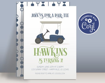 Golf Birthday Invitation Template - Preppy Blue Golf Cart, Simple Golfer Par Tee Time Personalized Party Invite - Editable Party Package