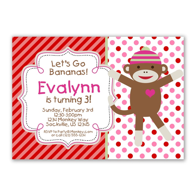 Sock Monkey Invitation Pink Red Stripes Polka Dots Little Etsy