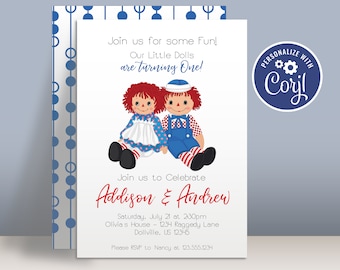 Raggedy Ann Birthday Party Invitation Template - Rag Doll Ann and Andy Boy Girl Twin Personalized Party Invite - Editable Party Package