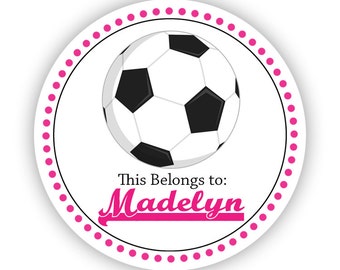 Personalized Name Tag Stickers - Pink Black, Sport Soccer Ball Name Label Stickers - 2 inch Round Sticker Tags - Back to School Name Labels