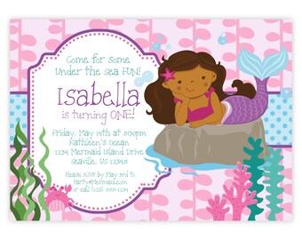 Mermaid Invitation - Pink Seaweed Bubbles, Blue Polka Dots, Ocean Girl Mermaid Personalized Birthday Party Invite - a Digital Printable File