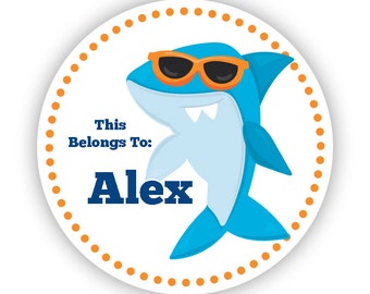 Name Label Stickers - Ocean Shark Stickers, Cool Shark Personalized Name Tag Sticker Labels, This Belongs To - Back to School Name Labels