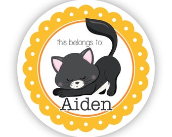 Cat Label Stickers - Yellow Orange Kitten Stickers, Black Cat Name Tag, Kitten Personalized Name Label Stickers - Back to School Name Labels