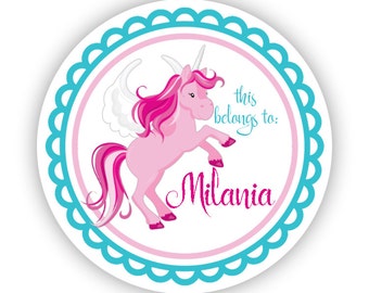 Kids Name Label Stickers - Turquoise Unicorn, Pink Unicorn Personalized Name Tag Sticker, This Belongs To Tag - Back to School Name Labels