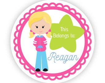 Kids Name Stickers - Pink Blue Blue Gymnast, Cute Gym Labels, Girl Gymnastic Personalized Name Label Stickers - Back to School Name Labels