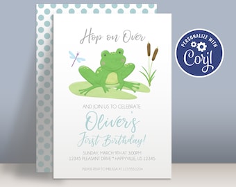 Frog Birthday Invitation Template - Hop on Over Frog Party, Toad Lillypad Pond Frog Personalized Party Invite - Editable Party Package