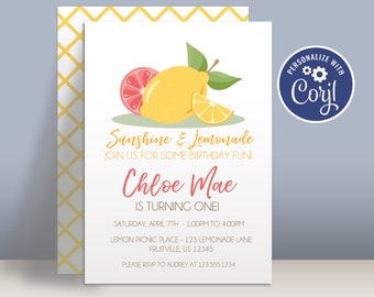 Lemon Birthday Party Invitation Template - Sweet Summer Picnic Fruit, Sunshine Lemonade Personalized Party Invite - Editable Party Package