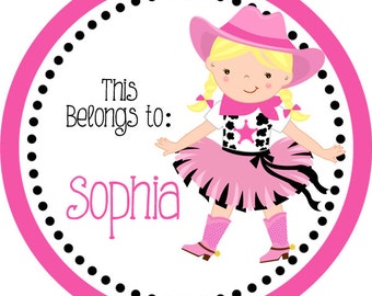 Personalized Name Label Stickers - Adorable Pink Black Polka Dot Cowgirl Name Tag Stickers - 2 inch Round Tags - Back to School Name Labels