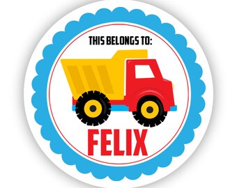 Personalized Name Label Stickers - Blue, Red, Yellow, Fun Construction Dump Truck Name Tag Sticker - Round Tags - Back to School Name Labels