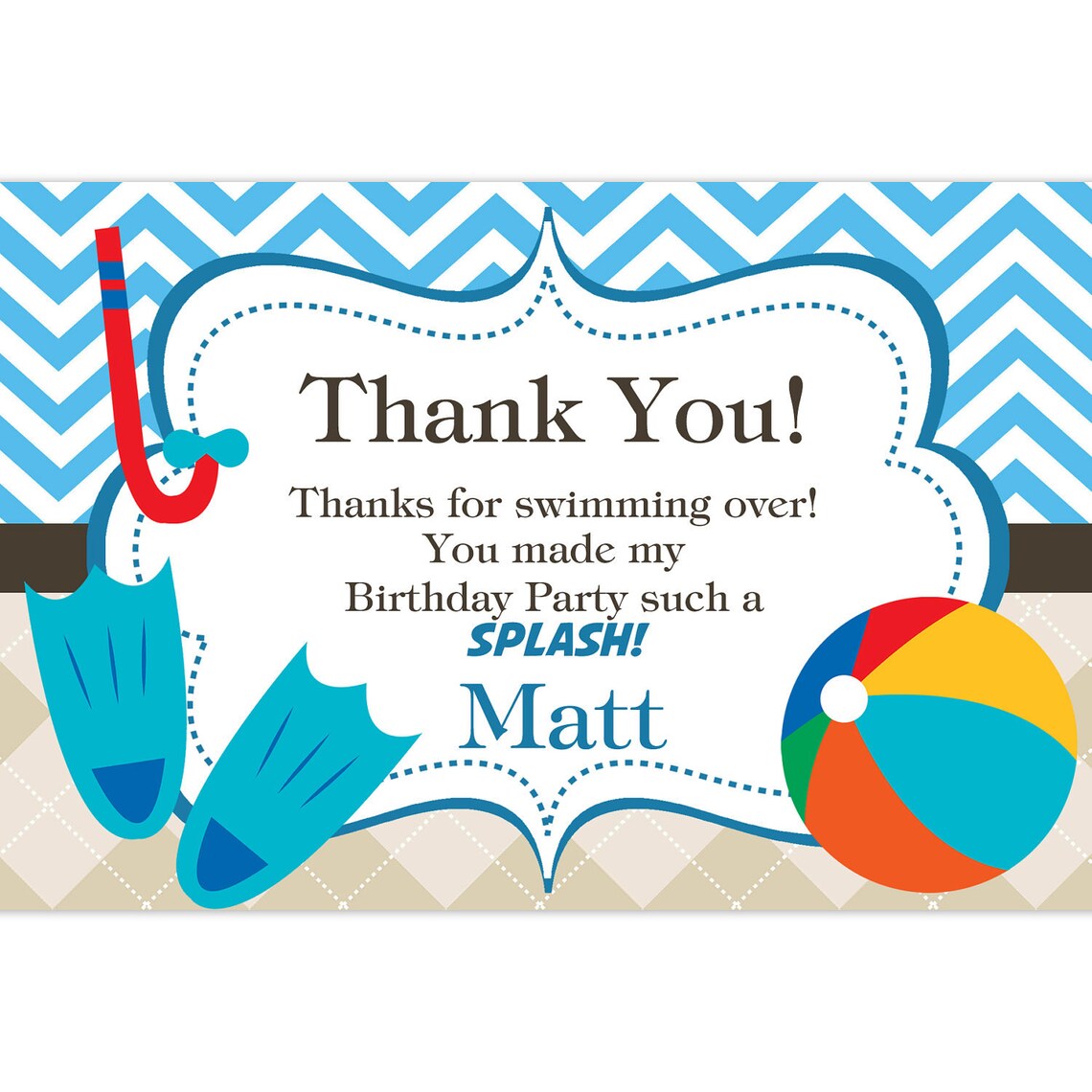 Pool Party Thank You Card Blue Chevron and Tan Argyle Beach - Etsy ...
