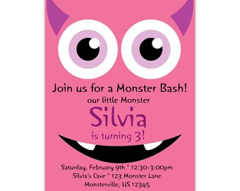 Monster Invitation - Pink Purple Monster, Girls Monster Birthday Party, Monster Personalized Birthday Party Invite - Digital Printable File