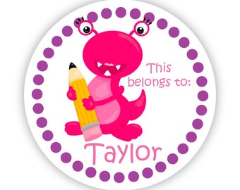 Name Label Stickers - Pink Monster, School Pencil, Purple Dots, School Monster Personalized Name Tag Stickers - Back to School Name Labels