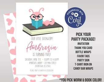 Bookworm Birthday Party Invitation Template - Little Reading Book Worm, Pink Worm Reader Personalized Party Invite - Editable Party Package