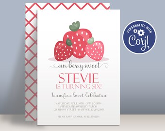 Strawberry Birthday Invitation Template - Sweet Summer Picnic Fruit, Berry Sweet Berries Personalized Party Invite - Editable Party Package