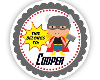 Name Label Stickers - Grey and Red, Cute Little Superhero Personalized Name Tag Stickers - This Belongs To Tags - Back to School Name Labels