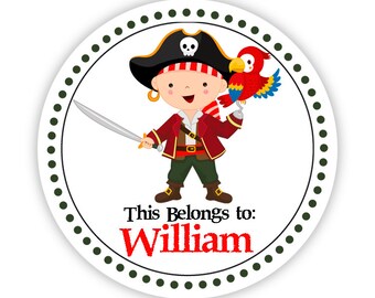 Personalized Name Stickers - Black and Green Polka Dots, Little Pirate Boy Name Label Tag Stickers - Round Tags - Back to School Name Labels
