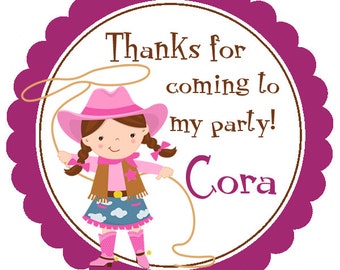 Cowgirl Stickers - Adorable Purple and Pink Girl Cowgirl with Lasso Personalized Birthday Party Stickers - 20 Round Labels