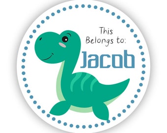 Name Tag Stickers - Blue, Green, Turquoise Dino Dinosaur Personalized Name Label Stickers - 2in Round Tags - Back to School Name Stickers