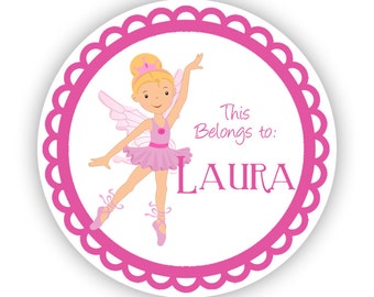 Name Tag Stickers - Cute Pink Ballerina, Girls Ballet Personalized Name Label Tag Stickers - This Belongs To - Back to School Name Labels