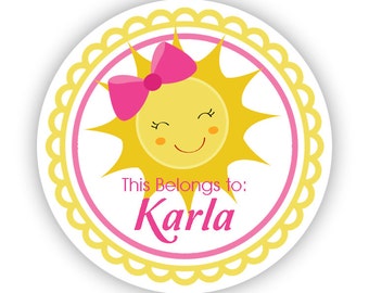 Personalized Sticker Name Labels - Yellow Pink Sun, Cute Pink Bow, Smile Bright Sun Sunshine Name Tag Stickers - Back to School Name Labels