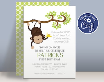 Monkey Birthday Party Invitation Template - Cute Little Brown Monkey, Zoo Jungle Animal Personalized Party Invite - Editable Party Package