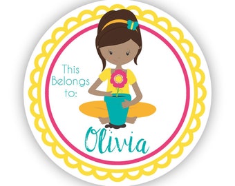 Name Personalized Stickers - Yellow Pink Garden Sticker, Girl Gardener Name Label Sticker Tags - Back to School - This Belongs To Labels