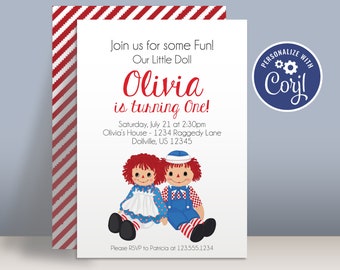 Raggedy Ann Birthday Party Invitation Template - Rag Doll Ann and Andy Personalized Party Invite - Editable Party Package