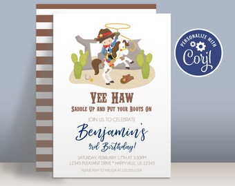 Cowboy Birthday Party Invitation - Wild West Saddle Up Cowboy Hat Personalized Party Invite Template, You Pick Boy - Editable Party Package