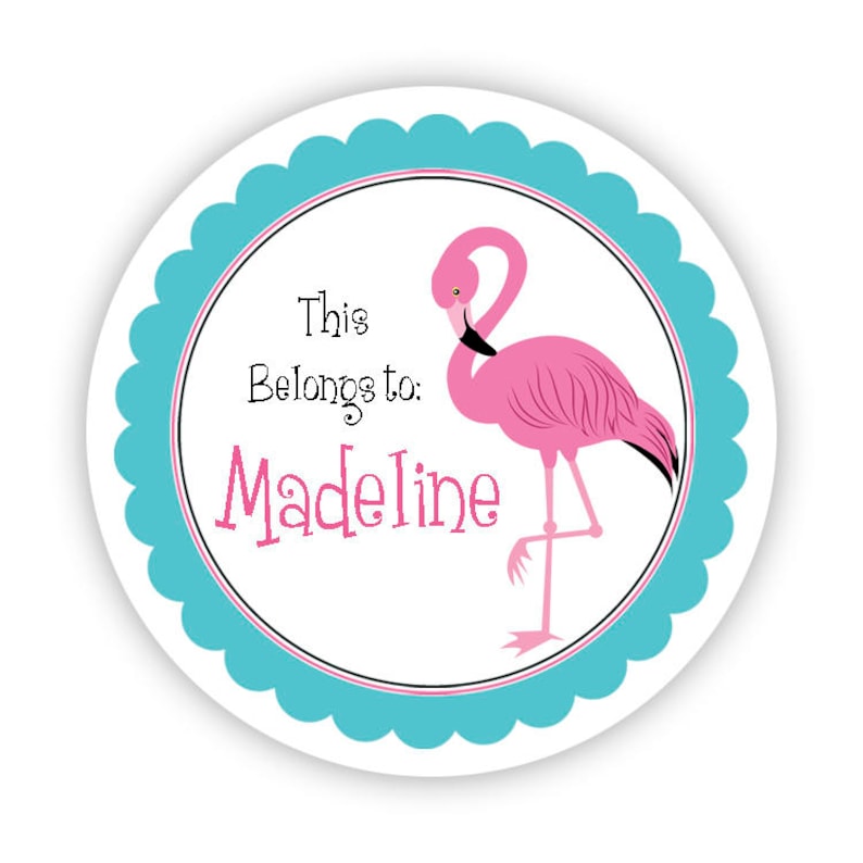 Back to School Name Label Flamingo Personalized Name Label Stickers Turquoise and Pink Flamingo Name Tag Sticker Round Label Name Tags