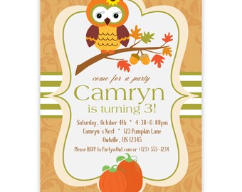 Fall Owl Invitation - Elegant Orange Green, Pumpkin, Cute Sunflower Owl Autumn Personalized Birthday Party Invite - a Digital Printable File