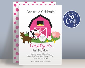 Farm Birthday Party Invitation Template - Pink Barn Cow Sheep Pig Horse Cute Barnyard Farm Animals Party Invite - Editable Party Package