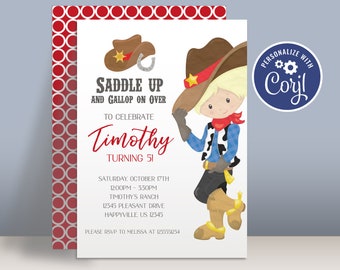 Cowboy Birthday Party Invitation Template - Wild West Saddle Up Cowboy Hat Personalized Party Invite, You Pick Boy - Editable Party Package