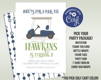 Golf Birthday Invitation Template - Preppy Blue Golf Cart, Simple Golfer Par Tee Time Personalized Party Invite - Editable Party Package