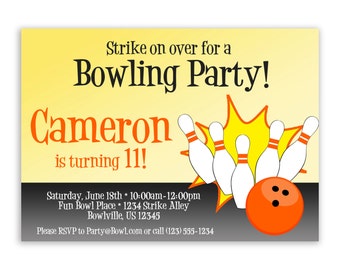 Bowling Invitation - Bright Yellow and Orange, Bowling Pins and Bowling Ball Personalized Birthday Party Invite - a Digital Printable File