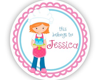 Name Label Personalized Stickers - Pink Blue Baker Girl, Cake Baking Name Tag Sticker Labels, This Belongs To - Back to School Name Labels