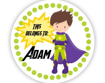 Personalized Name Label Stickers - Lime Green Polka Dots, Green Purple Super Hero, Superhero Name Tag Stickers - Back to School Name Labels